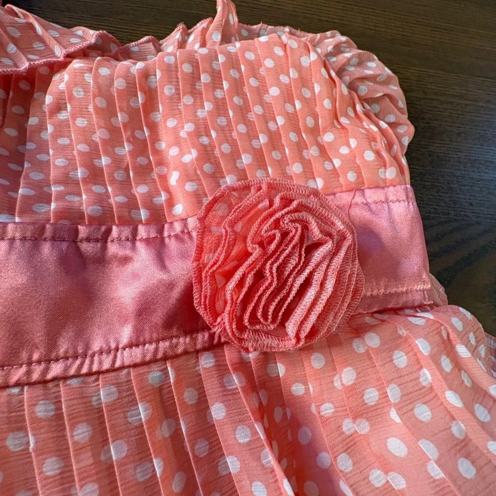 Candies‎ Girls Dress S Coral Pink Polka Dot Tiered Pleated Rosette Accent
